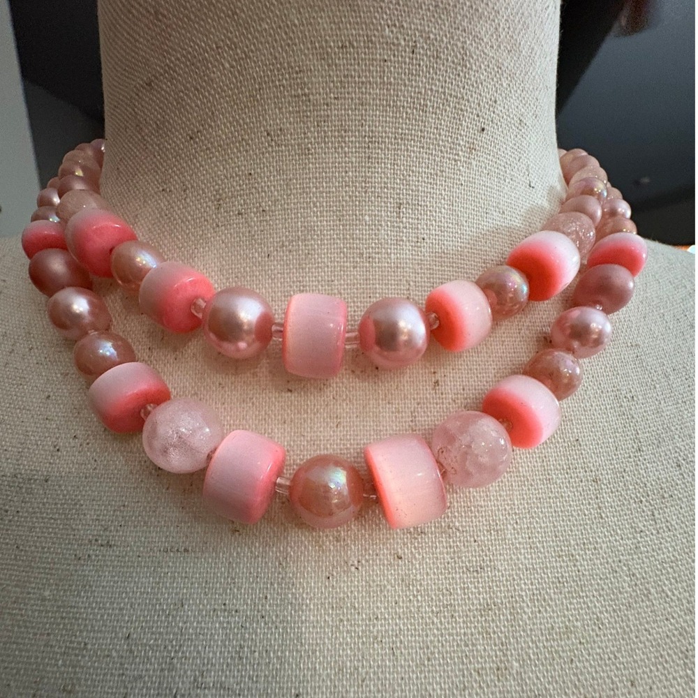 Vintage Pink Multi Strand Beaded Necklace Faux Pearl Crackle Glass Cat Eye